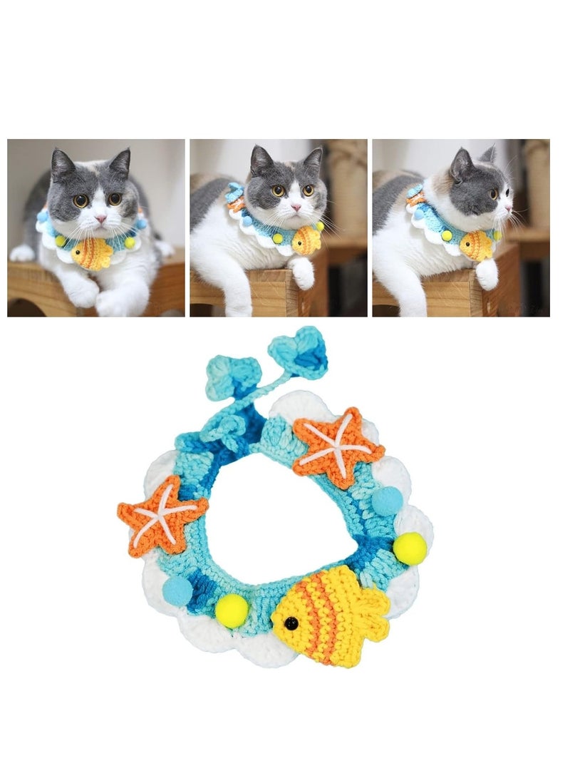 1pc Knitted Pet Collar, Cute Cat Collar, Kitten Collar Hand Woven Breathable Comfortable Stylish Knitted Cat Bib Collar with Adjustable Rope for Pet Cat Dog(M, 25cm-Sea) - Image 1