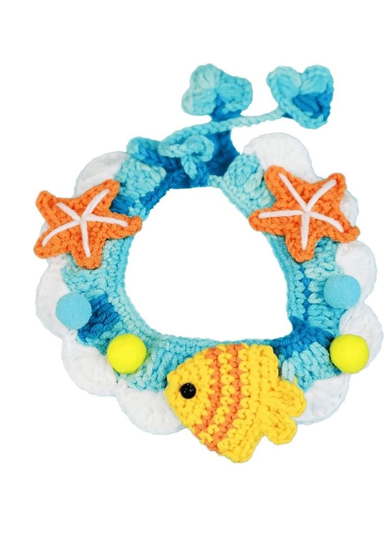 1pc Knitted Pet Collar, Cute Cat Collar, Kitten Collar Hand Woven Breathable Comfortable Stylish Knitted Cat Bib Collar with Adjustable Rope for Pet Cat Dog(M, 25cm-Sea) - Image 2