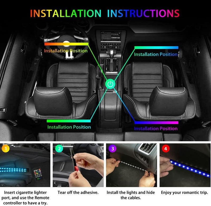 LUOWAN Car LED Strip Lights, 4 Pieces DC 12V 48 LED Multicolor Car Interior Music Light, with Sound Active Function, Wireless Remote Control, Multi-Modes for Choice - Image 4