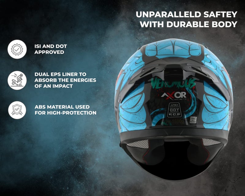 Axor Apex Venomous ISI ECE DOT Certified Full Face Dual Visor Helmet for Men and Women with Pinlock Fitted Outer Clear Visor and Inner Smoke Sun Visor Black Neon Blue(XL) - Image 4