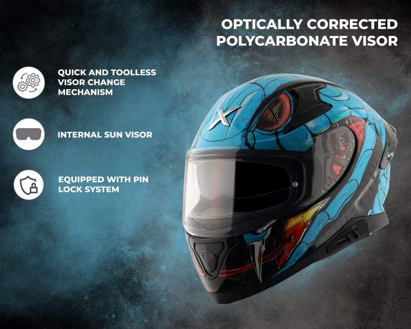 Axor Apex Venomous ISI ECE DOT Certified Full Face Dual Visor Helmet for Men and Women with Pinlock Fitted Outer Clear Visor and Inner Smoke Sun Visor Black Neon Blue(XL) - Image 2