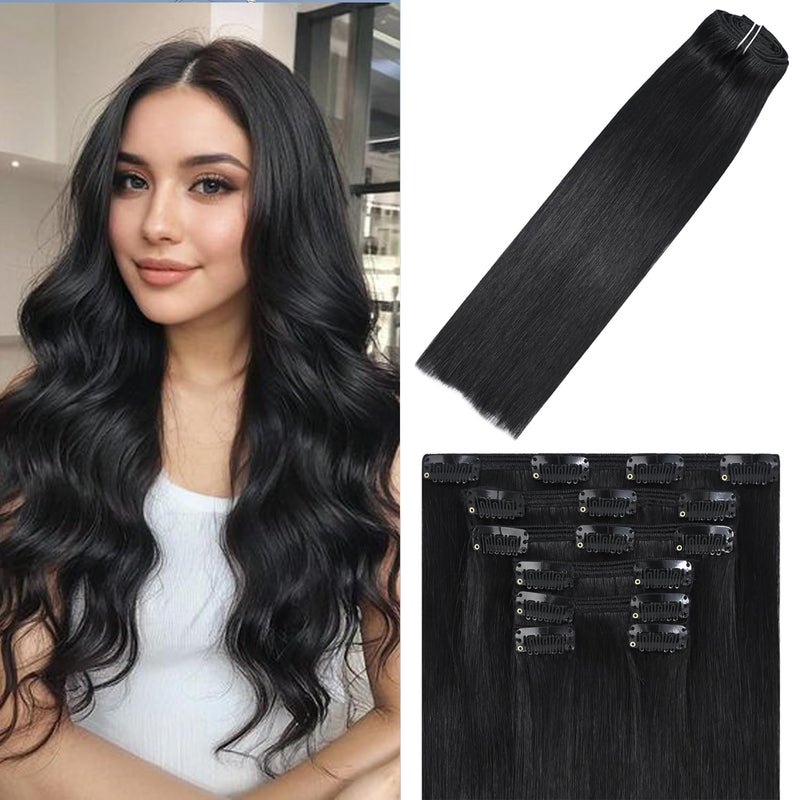 WindTouch Clip in Hair Extensions Real Human Hair 1B Natural Black Hair Extensions Clip Ins 16inch 120g 7Pcs Human Hair Clip in Extensions Soft Straight Black Clip in Hair Extensions