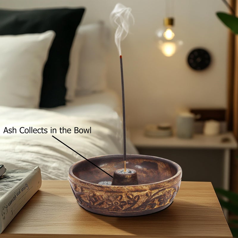 COTTON CRAFT - Wooden Incense Holder - 2 Pack Hand Carved Floral Incense Burner - Ash Catcher Bowl - Incense Sticks Aroma Room Freshener Zen Home DÃ©cor Gift - Yoga Meditation - 5 x 5 x 1.5 - Natural - Image 3