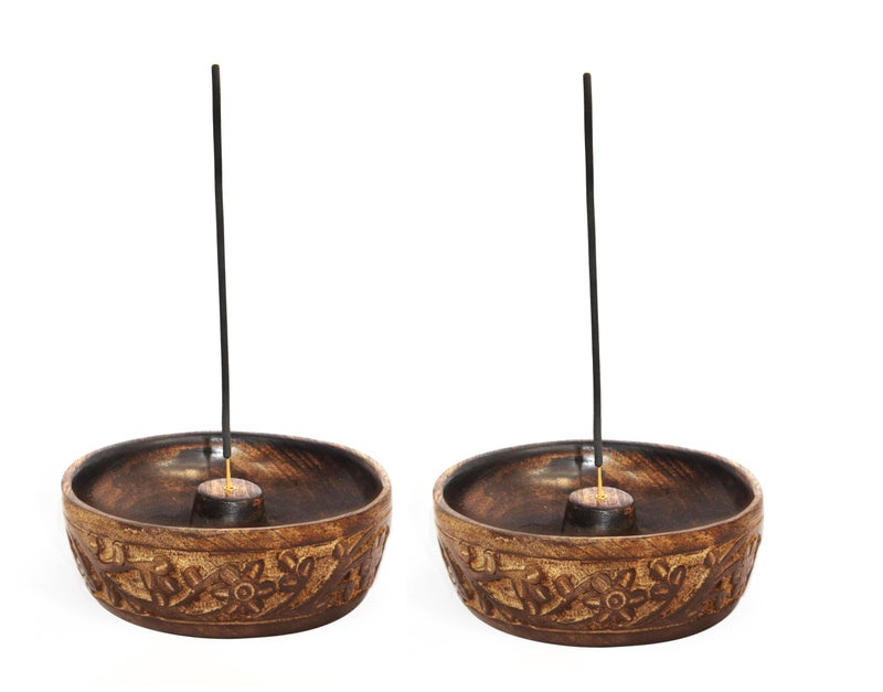 COTTON CRAFT - Wooden Incense Holder - 2 Pack Hand Carved Floral Incense Burner - Ash Catcher Bowl - Incense Sticks Aroma Room Freshener Zen Home DÃ©cor Gift - Yoga Meditation - 5 x 5 x 1.5 - Natural - Image 2