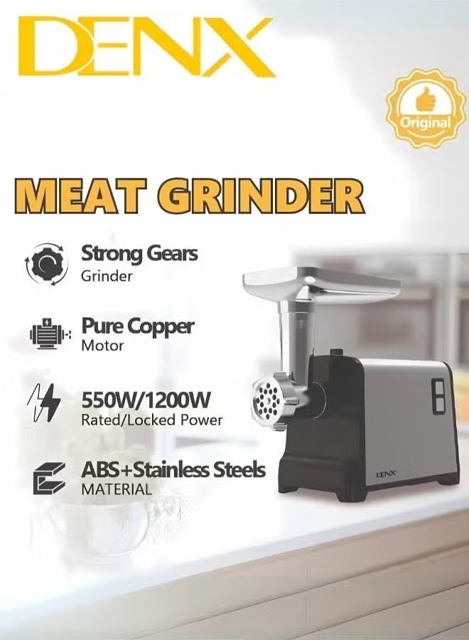Denx Electric Meat Grinder with Stainless Steel Blade, 1200W Powerful Motor, Durable Silver Finish, Fast Meat Mincing for Home Kitchen, Sausage and Food Preparation - Image 2