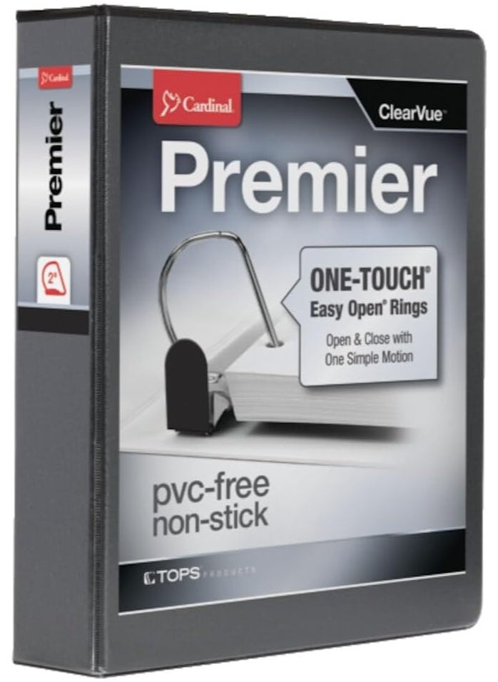 Cardinal Cardinal 3 Ring Binder, Binders for School and Office, Durable 2 Inch Premier Easy Open Binder, ONE-Touch Locking Slant-D Rings, 565-Sheet Capacity, ClearVue Cover, PVC-Free, Black (10321CB)  - Image 1
