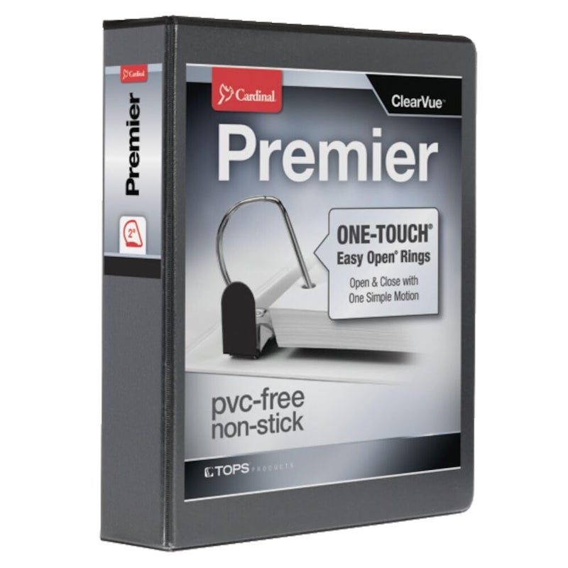 Cardinal 3 Ring Binder, Binders for School and Office, Durable 2 Inch Premier Easy Open Binder, ONE-Touch Locking Slant-D Rings, 565-Sheet Capacity, ClearVue Cover, PVC-Free, Black (10321CB) - Image 1