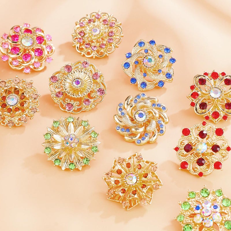 MEEDOZ 12 PCS Gold Plated Small Size Mixed Color Crystal Rhinestone Flower Brooch Pins for Women Crafts Wedding Bouquet Brooches Bulk Set - Image 3