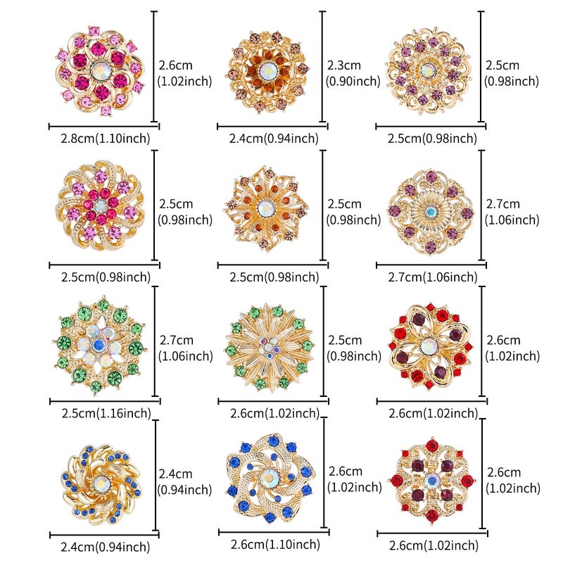 MEEDOZ 12 PCS Gold Plated Small Size Mixed Color Crystal Rhinestone Flower Brooch Pins for Women Crafts Wedding Bouquet Brooches Bulk Set - Image 2