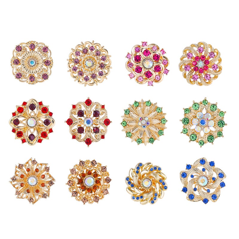 MEEDOZ 12 PCS Gold Plated Small Size Mixed Color Crystal Rhinestone Flower Brooch Pins for Women Crafts Wedding Bouquet Brooches Bulk Set - Image 1