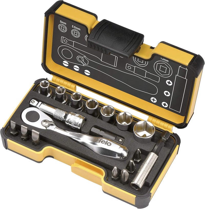 Felo Werkzeugsatz XS 18 1/4' Mini Ratchet Tool Set with Sockets and Bits, 18-Piece