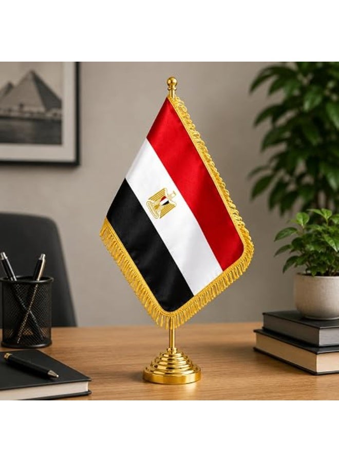 Egypt Desktop Table Flag Gold Felt 18 x 29 cm With 40 cm Metal Pole And Weighted Base Premium National Desk Banner Decorative Office Home Conference Display (GOLD) - Image 1