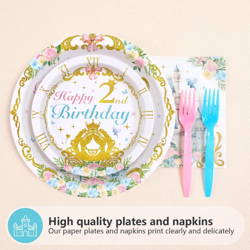 Grencian 96Pcs Princess Birthday Party Supplies Bibbity Boppity Two Party Plates and Napkins Disposable Happy 2nd Birthday Tableware Set for Girls Two Years Old Party Decorations Serves 24 - Image 2
