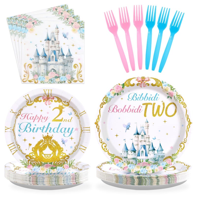 Grencian 96Pcs Princess Birthday Party Supplies Bibbity Boppity Two Party Plates and Napkins Disposable Happy 2nd Birthday Tableware Set for Girls Two Years Old Party Decorations Serves 24 - Image 1