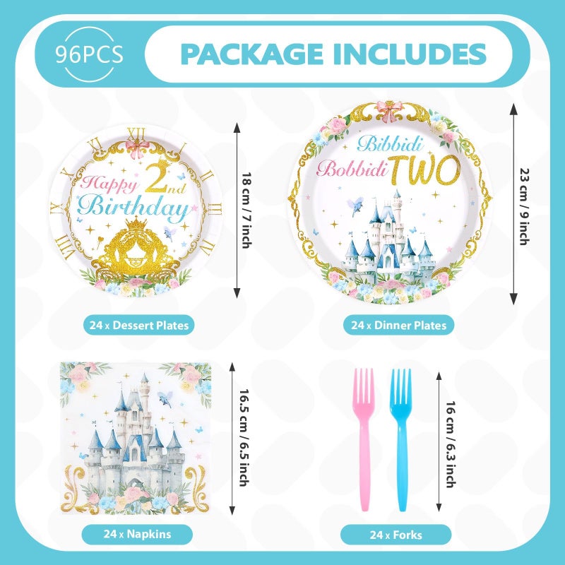 Grencian 96Pcs Princess Birthday Party Supplies Bibbity Boppity Two Party Plates and Napkins Disposable Happy 2nd Birthday Tableware Set for Girls Two Years Old Party Decorations Serves 24 - Image 5