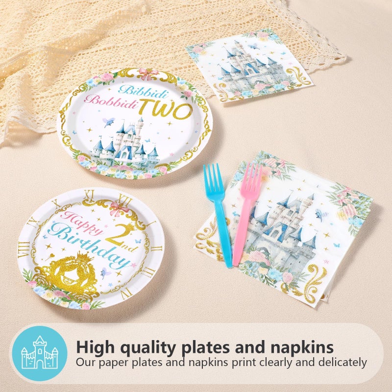 Grencian 96Pcs Princess Birthday Party Supplies Bibbity Boppity Two Party Plates and Napkins Disposable Happy 2nd Birthday Tableware Set for Girls Two Years Old Party Decorations Serves 24 - Image 3