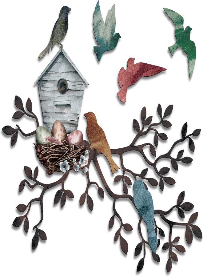 Tatuo Bird Wall Decor Metal Birdhouse Wall Art Hanging Metal Tree Leaf Wall Decor for Indoor Outdoor Garden Yard Fence Park Home - Image 1