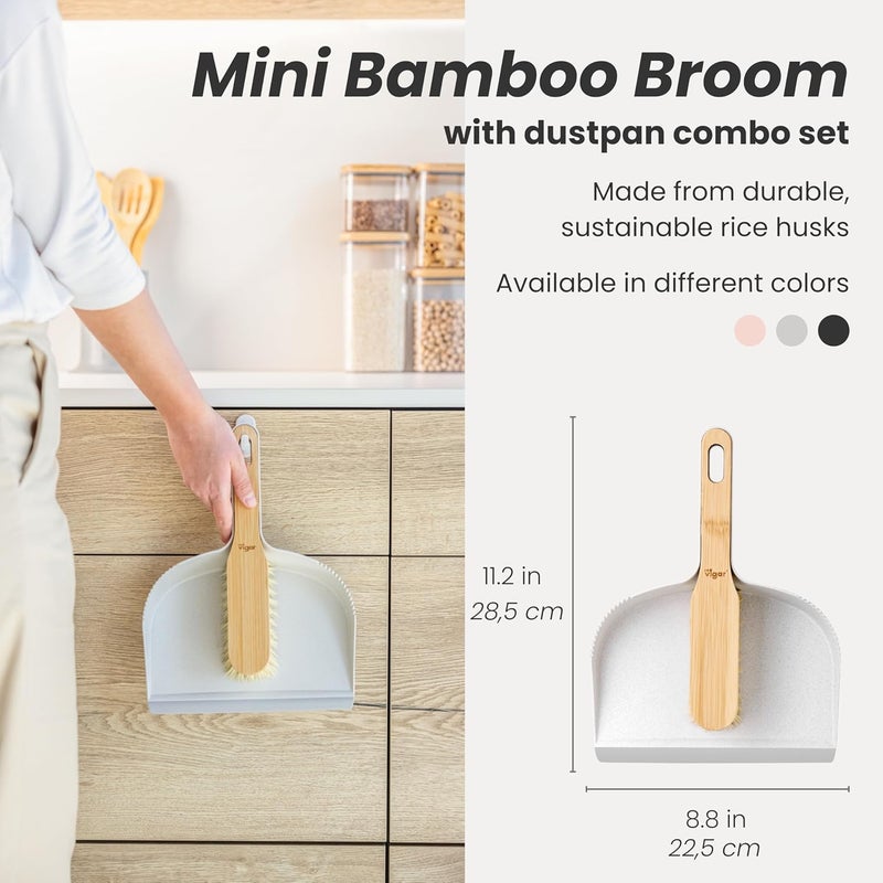 Vigar Zeroline Mini Bamboo Broom with Dustpan Combo Set Small Dust Pan and Brush Set for Dust Pet Hair Car and Crumb House Kitchen Broom Gray - Image 2