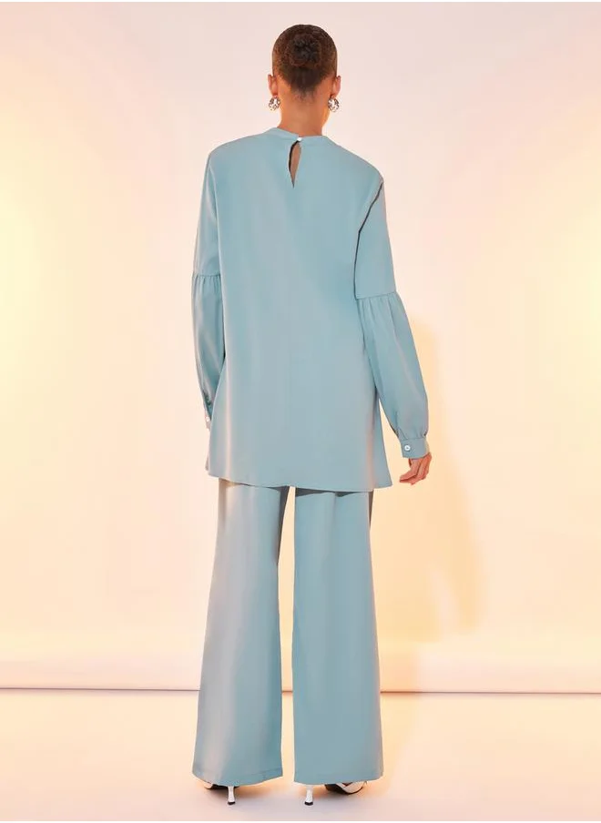 Take Two Round Neck Solid Blouse & Pant Co-Ord
