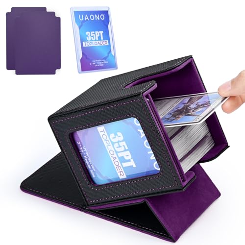 UAONO Card Deck Box with MTG Commander Display, Deck Case Holds 100+ Double-Sleeved Cards, Trading Card Storage Box Fits TCG/PTCG/Sports Card with 2 Dividers, 1 Toploader (Black, Purple) - Image 1