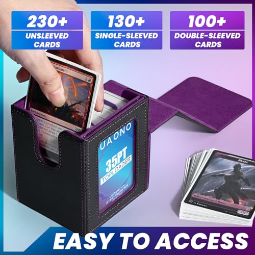 UAONO Card Deck Box with MTG Commander Display, Deck Case Holds 100+ Double-Sleeved Cards, Trading Card Storage Box Fits TCG/PTCG/Sports Card with 2 Dividers, 1 Toploader (Black, Purple) - Image 2
