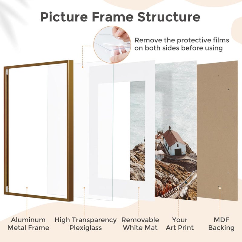 FLYJOE 12x16 Metal Picture Frame for Wall With Mat for 9x12, 12''x16'' Aluminum Certificate Document Frames With Plexiglass, Minimalist Modern Poster Frame Horizontally And Vertically, Bronze - Image 5