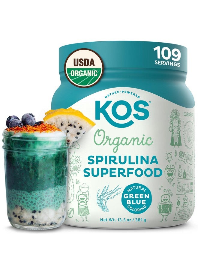 KOS مسحوق سبيرولينا العضوي من KOS - معتمد من وزارة الزراعة الأمريكية، 109 حصة من مسحوق السوبر فود للسموذي والعصائر، طحالب زرقاء خضراء غير مشعة، نباتي مع مضادات الأكسدة، نباتي (13.5 أونصة) - Image 1