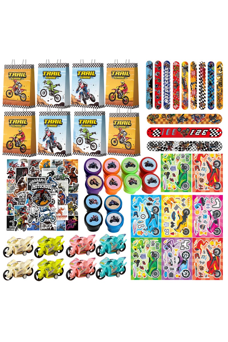 FRUITFUL PARTY Motorcycle Party Favors for 12 Guests, 110pcs Motocross Birthday Party Favors Set - Dirtbike Birthday Goodie Bag Slap Bracelets Stampers etc Motocross Birthday Favors - Image 1