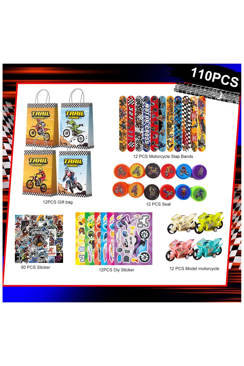 FRUITFUL PARTY Motorcycle Party Favors for 12 Guests, 110pcs Motocross Birthday Party Favors Set - Dirtbike Birthday Goodie Bag Slap Bracelets Stampers etc Motocross Birthday Favors - Image 2