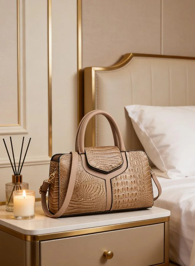 Take Two Beige Croc-Embossed Handbag