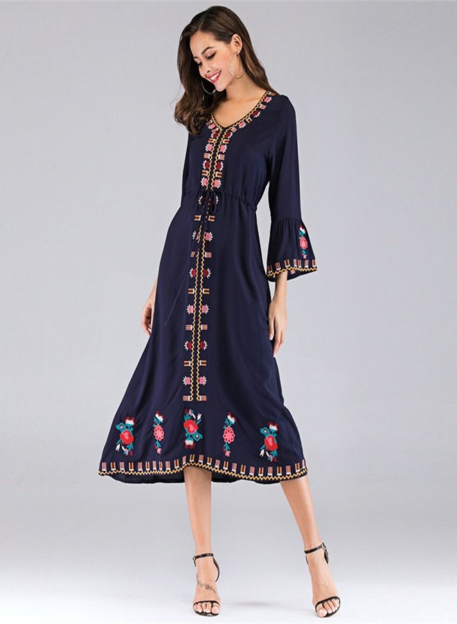 Loquat Women's Embroidered V-neck Lace Up Nine Quarter Sleeve Dress 