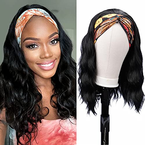 Colorful Queen Glueless Headband Wig Synthetic Long Black Body Wave Headband Wigs for Black Women Natural Looking Wavy Wig Heat Resistant 180 Density16inch 1B