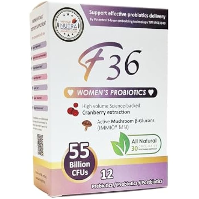 F36 Probiotics for Women 55 Billion CFU – Vaginal & Digestive Health, Immune Support, Sleep & PH Balance – with Cranberry, β-Glucan, Prebiotics & Postbiotics – Once Daily Capsule - 30 Capsules Pack - Image 1