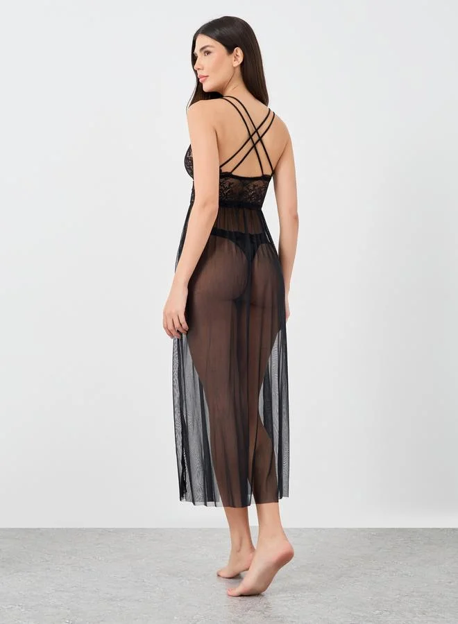 تايك تو Take Two Women Black Solid Lace Wireless Mesh Split Cami Dress with Briefs