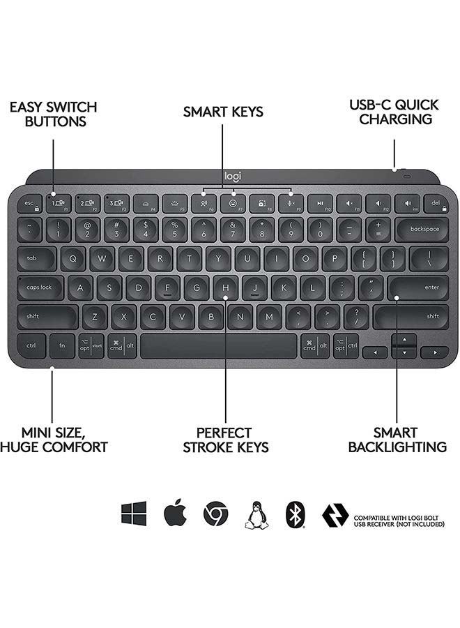 Logitech MX Keys Mini Minimalist Wireless Illuminated Keyboard, Compact, Bluetooth, Backlit, USB-C, Compatible with Apple macOS, iOS, Windows, Linux, Android, Metal Build, English Arabic Keyboard Black - Image 3