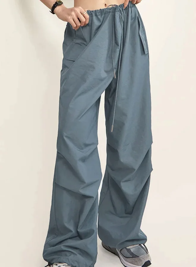 Take Two Grey Drawstring Waist Ruched Straight Leg Pants