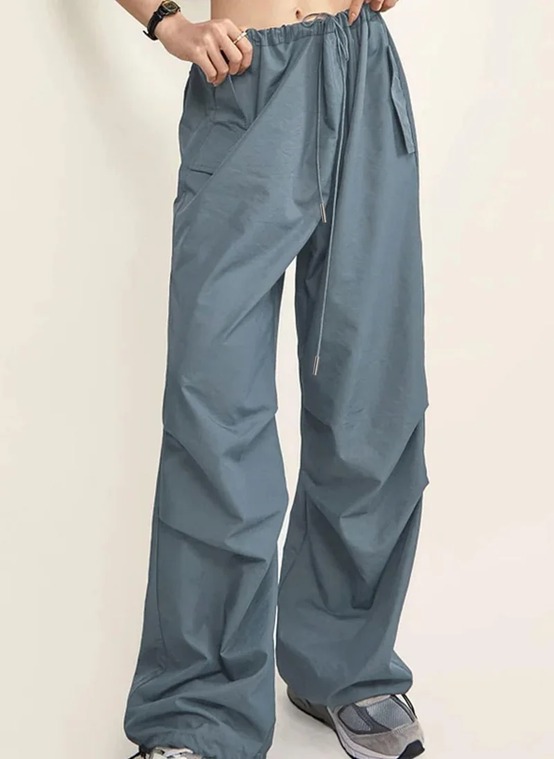 Take Two Grey Drawstring Waist Ruched Straight Leg Pants