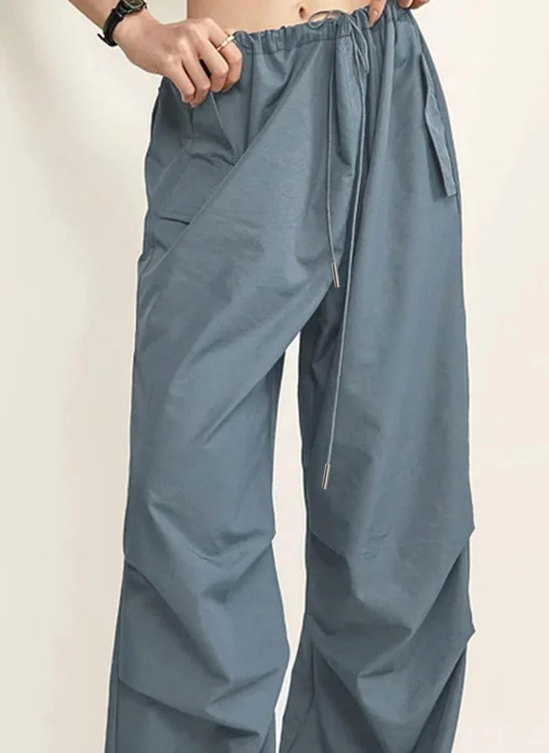 Take Two Grey Drawstring Waist Ruched Straight Leg Pants