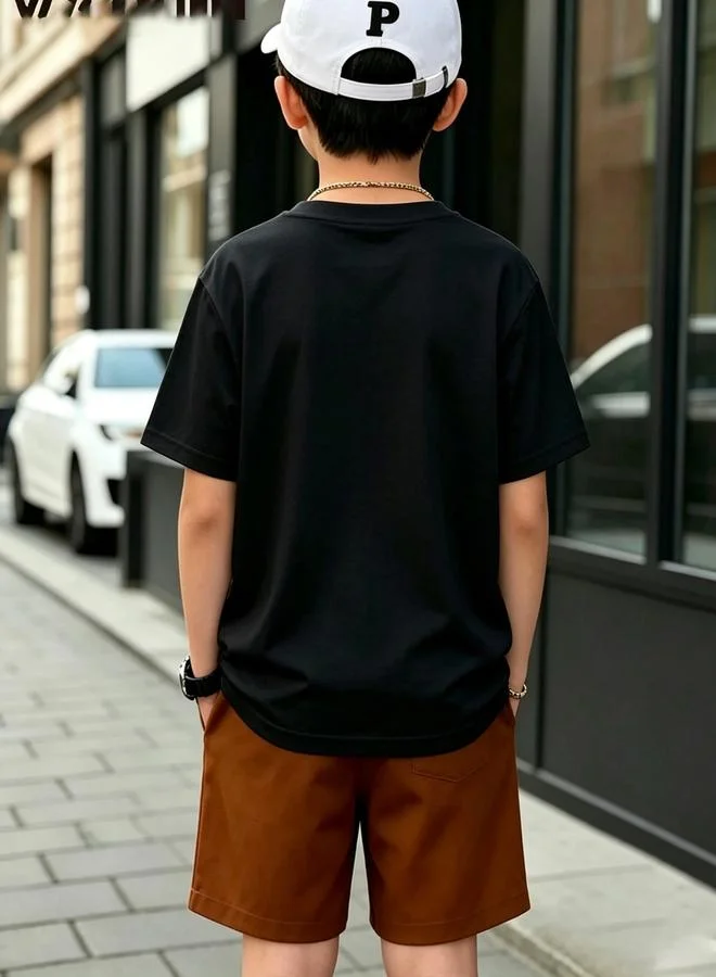 Take Two Kids Black Cotton Graphic T-Shirt with Short Sleeves