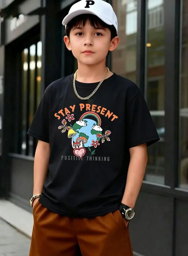 Take Two Kids Black Cotton Graphic T-Shirt with Short Sleeves