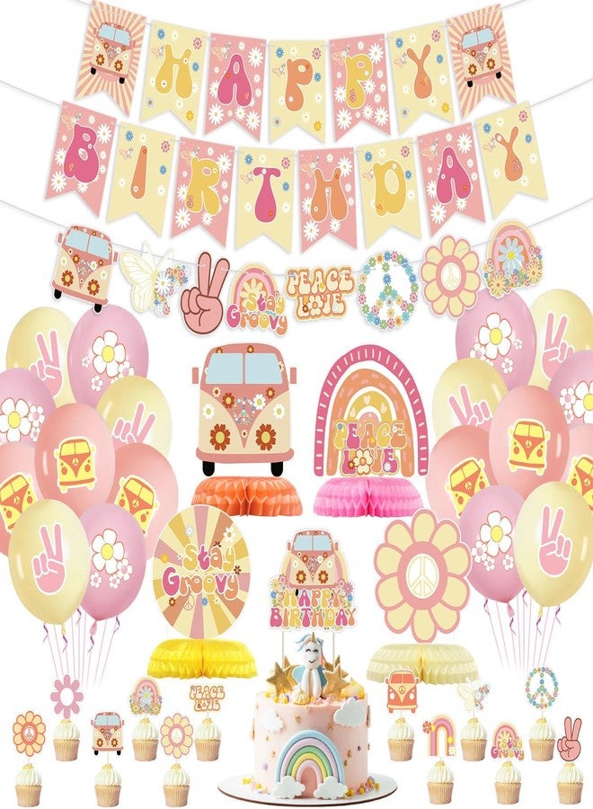 PTECDROTS Groovy Party Decorations - Hippie Birthday Party Decorations Including Happy Birthday Banner, Hippie Garland, Boho Rainbow Balloon, Cupcake Toppers for 60s 70s Retro Groovy Decor - Image 1