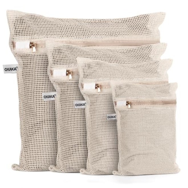 OKAKA 100% Cotton Mesh Laundry Bags, Set of 4, Natural, Undyed, Soft & Durable - Image 2