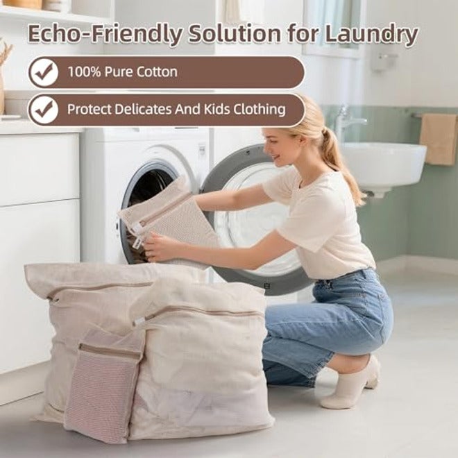 OKAKA 100% Cotton Mesh Laundry Bags, Set of 4, Natural, Undyed, Soft & Durable - Image 4