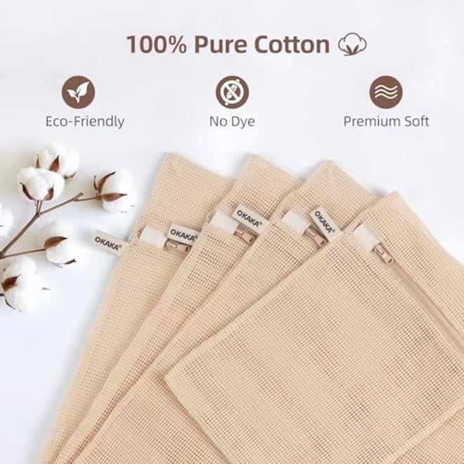 OKAKA 100% Cotton Mesh Laundry Bags, Set of 4, Natural, Undyed, Soft & Durable - Image 5