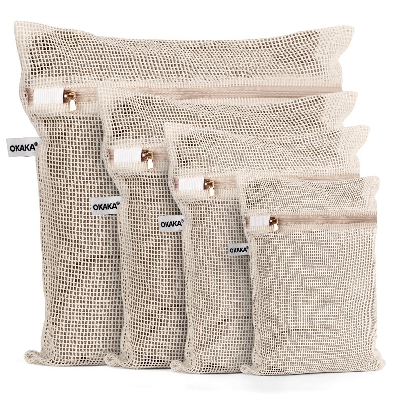 OKAKA 100% Cotton Mesh Laundry Bags, Set of 4, Natural, Undyed, Soft & Durable - Image 1