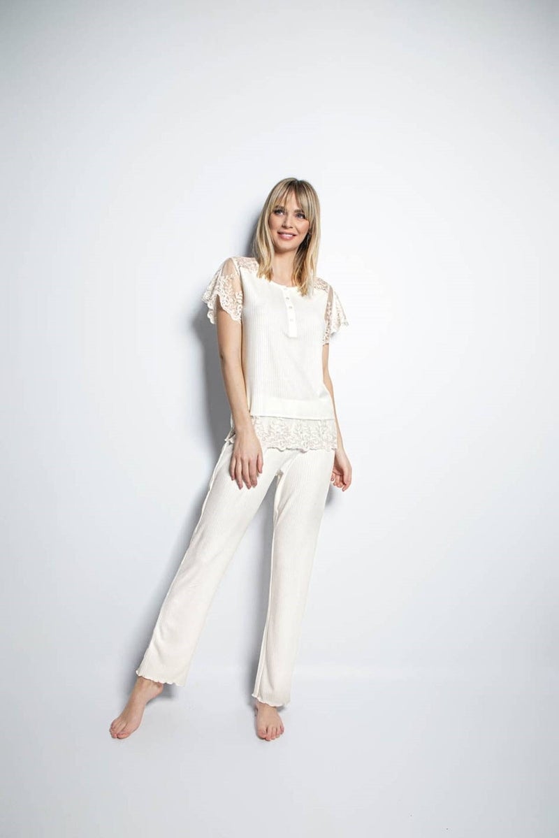 Monamise 19152 Short Sleeve Pajama Set - Ecru 