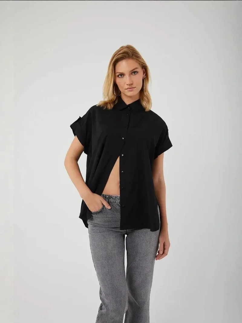 MixRay Black Oversized Short Sleeve Poplin Button-Up Shirt for Women | Best Price UAE