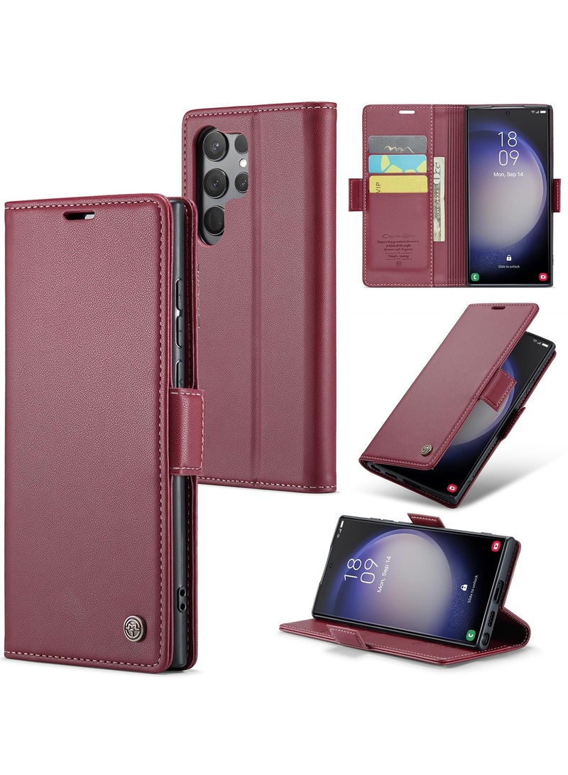CaseMe Phone Case Luxury PU Leather Design Anti Fingerprint 023 Flip Cover Card Slot Holder Cover For Samsung Galaxy S24 Ultra (Red) - Image 1