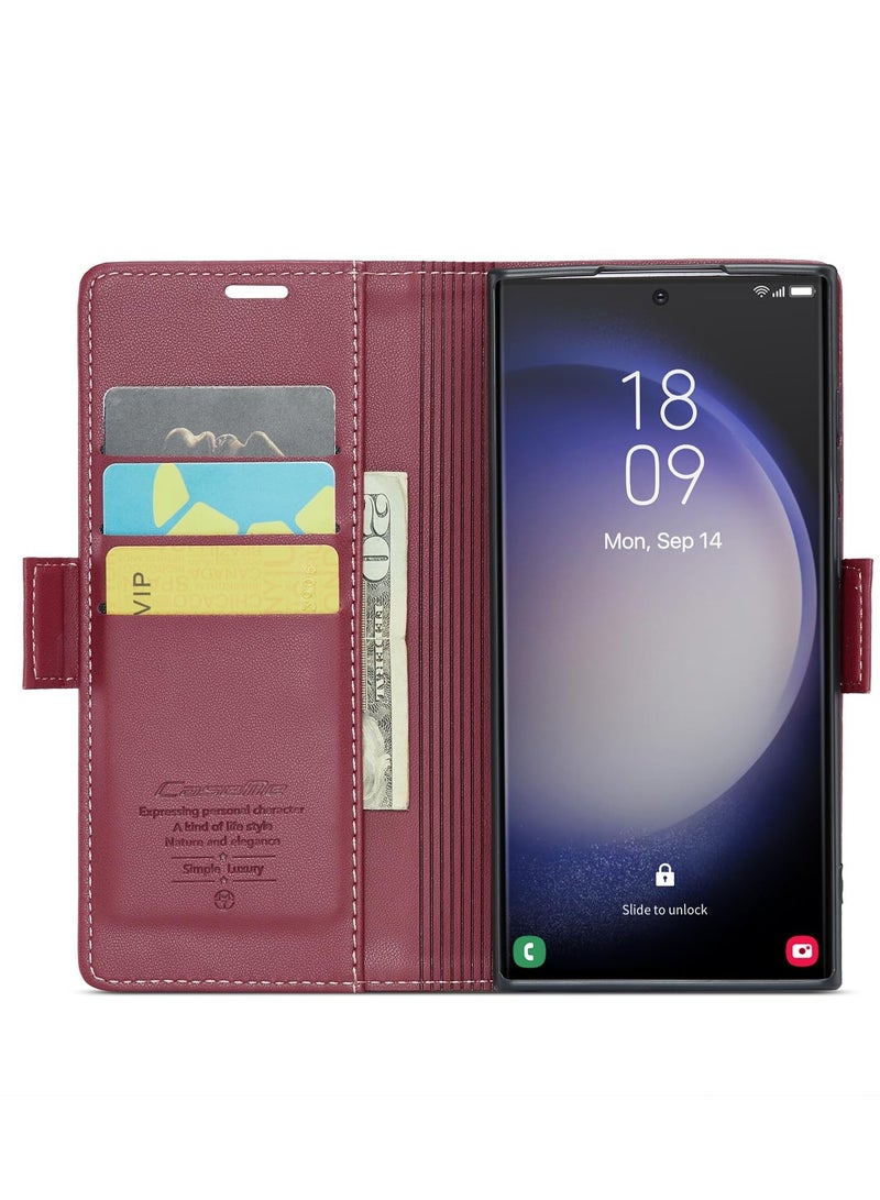 CaseMe Phone Case Luxury PU Leather Design Anti Fingerprint 023 Flip Cover Card Slot Holder Cover For Samsung Galaxy S24 Ultra (Red) - Image 4