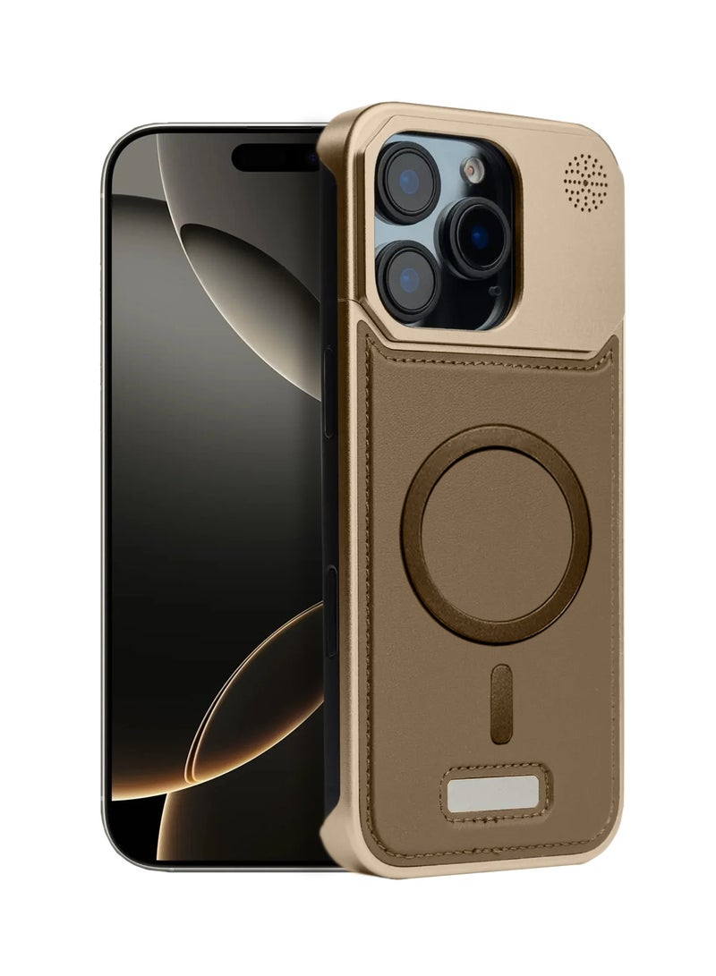 دبليو تيك غطاء معدني بدون إطار لجهاز آبل آيفون 16 برو 5G 2024 مصنوع من الجلدي النباتي مع دعم ماغسيف (MCMPMN) - ذهبي - Image 1